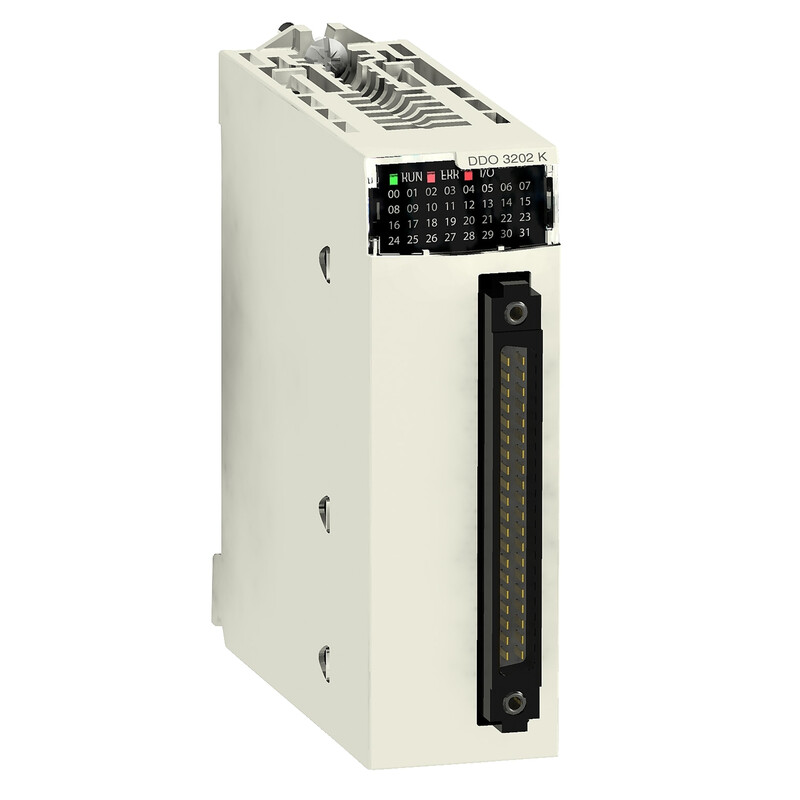 Schneider Electric Modicon digitale uitgangsmodule 32CH, 24V DC Licht rechthoekige digitale uitgangsmodule met connectors en indicatielampjes. Beeld vanuit een schuine hoek.