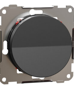 Ronde zwarte schakelaar met metalen montageplaat. Minimalistisch ontwerp.