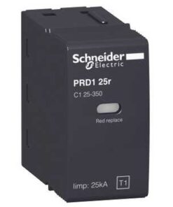 Musta, suorakulmainen Schneider Electric -varapatruuna sivuprofiilissa, näkyvissä logo, malli PRD1 25r ja tekniset merkinnät.