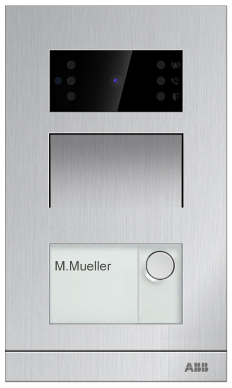 Zilverkleurige ABB-minivideo-eenheid, zwart monitor en knop, met RFID-lezer en inbouwmontage.