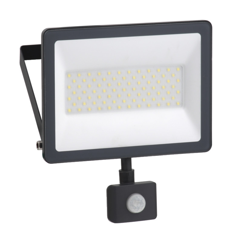 LED-schijnwerper met zwarte omlijsting, wit lichtoppervlak, aangesloten op een bewegingssensor.