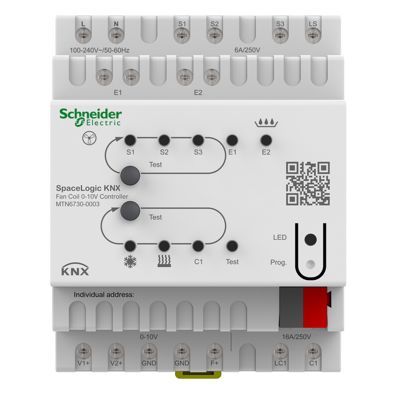 Witte Schneider Electric ventilatorconvectorregelaar met duidelijke aansluitingen en knoppen, geschikt voor montage op een DIN-rail.