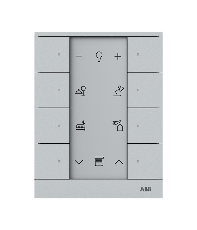 Grijze aluminium 8-delige knopmodule, in het midden pictogrammen voor verlichting- en apparaatbediening.