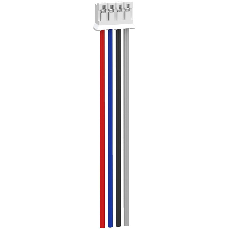 Witte connector met vier draden: rood, blauw, grijs en zwart, in verticale positie.