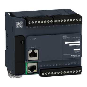 Grijze Schneider Electric Modicon PLC M221-programmeerbare logische controller, met aansluitingen en indicatorlampjes, afgebeeld ...