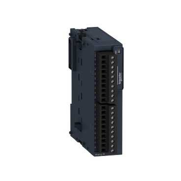 Modicon TM3 AI4 Schneider Electric aansluitmodule 12-bits Modicon TM3 AI4 12-bits aansluitmodule, zwart frame, vooraan dubbele klemmenstroken.