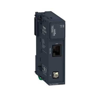 Donkergrijze Schneider Electric Modicon TM3-uitbreidingsbus met netwerkverbindingen en markeringen.
