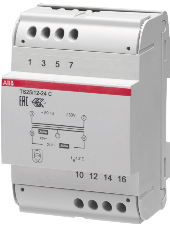 Grijze ABB TS25 230/12-24VAC transformator, hoog profiel model, bevestigingspunten zichtbaar.