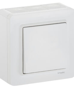 Witte Schneider Electric Exxact 6-schakelaar, opbouw IP44, inclusief opbouwdoos en kader.