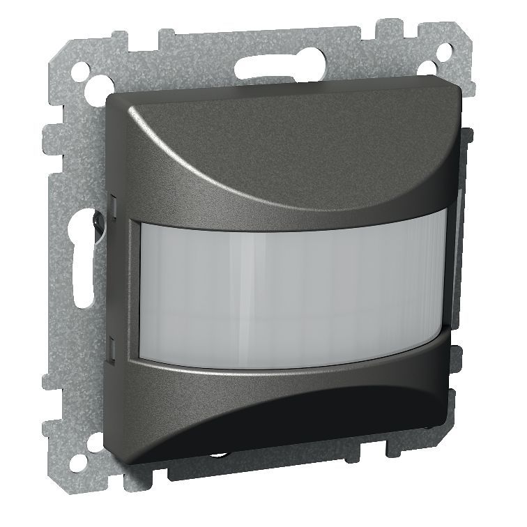 Antracietgrijze Schneider Electric Exxact KNX PIR-bewegingssensor met een detectiebereik van 180 graden. Bevestigingsframe zichtbaar...