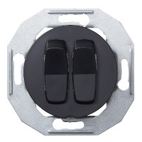 Zwarte tweedelige schakelaar met een metalen frame, rond ontwerp.