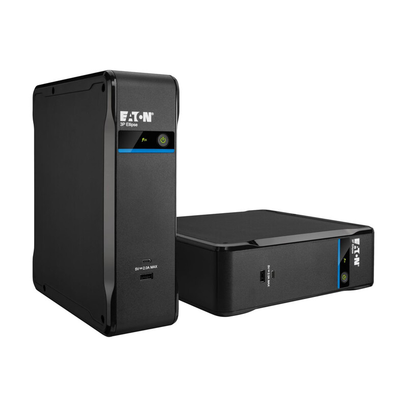 Musta pystysuuntainen Eaton-varavirtalähde ja vaakatasossa oleva laite, joissa USB-liitännät ja siniset tehosteet.