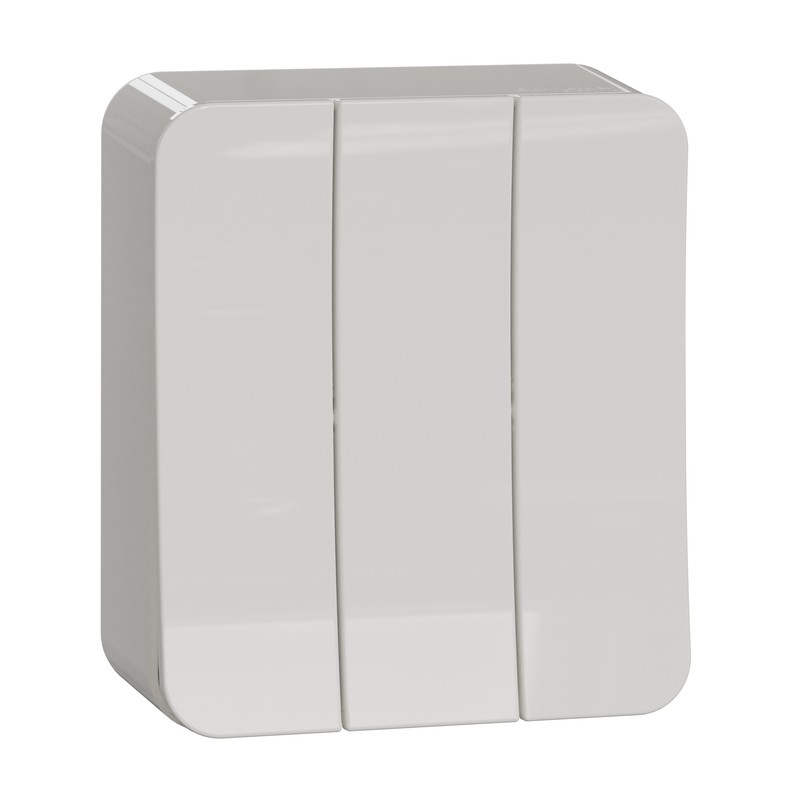 Witte Schneider Electric Exxact opbouwschakelaar 1+1+1 met een glad en modern ontwerp.