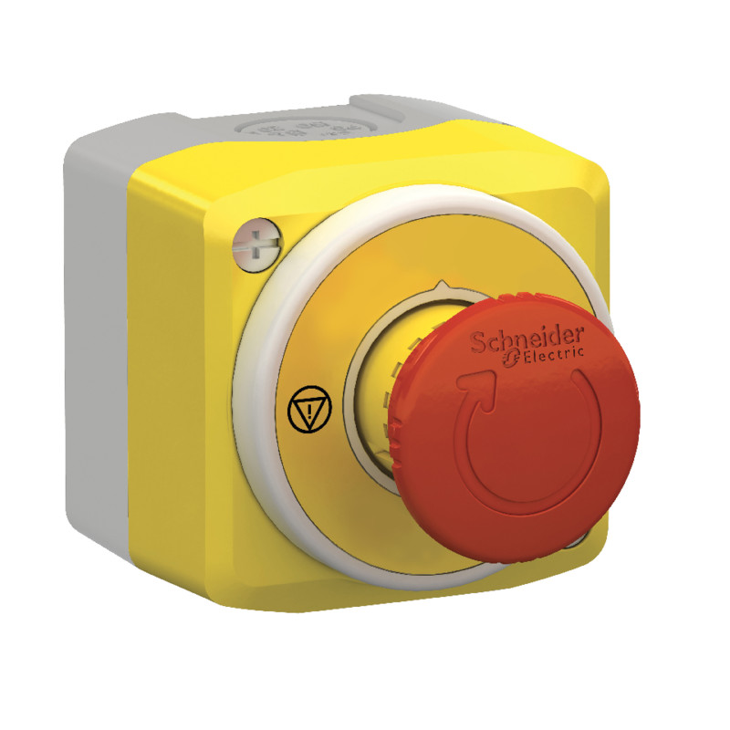 Schneider Electric noodstopknop Ø40 met draaivrijgave Gele kunststof behuizing met rode ronde noodstopknop en witte LED-lichtkring.