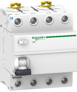 Schneider Electric Acti 9 IIDK aardlekschakelaar vierpolig, witte behuizing, groen logo, zijaanzicht.