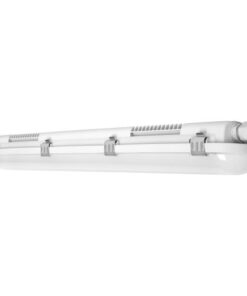 Langwerpige witte LED-lamp met grijze beugels en IP65-bescherming.