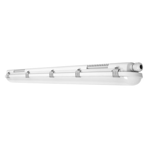 Lange witte LED-lamp, IP65-beschermd, geschikt voor vochtige en stoffige ruimtes.
