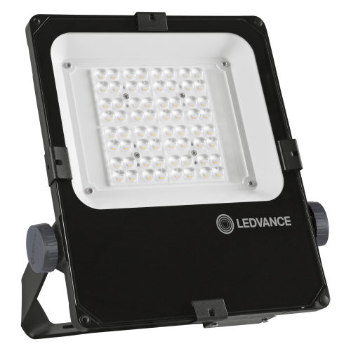 LED-schijnwerper met een zwart frame, een witte binnenkant en het Ledvance-logo in de hoek onderaan.