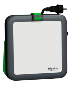 Rechthoekige grijze en groene oplaadbare werklamp, Schneider Electric-logo onderaan.