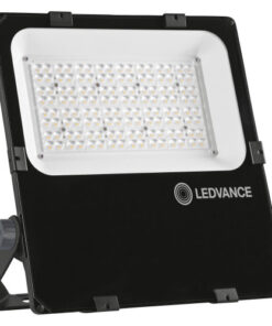 Zwarte Ledvance LED-schijnwerper met een wit lichtpaneel en steunklem, afgebeeld van voren.