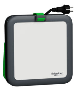 Vierkant, grijs en wit werklamp met groene handgreep. Zwarte stroomkabel met Schuko-stekker zichtbaar aan de bovenkant.