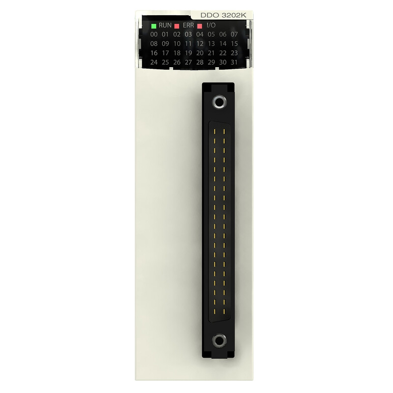 Schneider Electric Modicon digitale uitgangsmodule 32CH, 24V DC Lichtgrijze digitale uitgangsmodule met een rij indicatorlampjes en een gele aansluitpaneel.