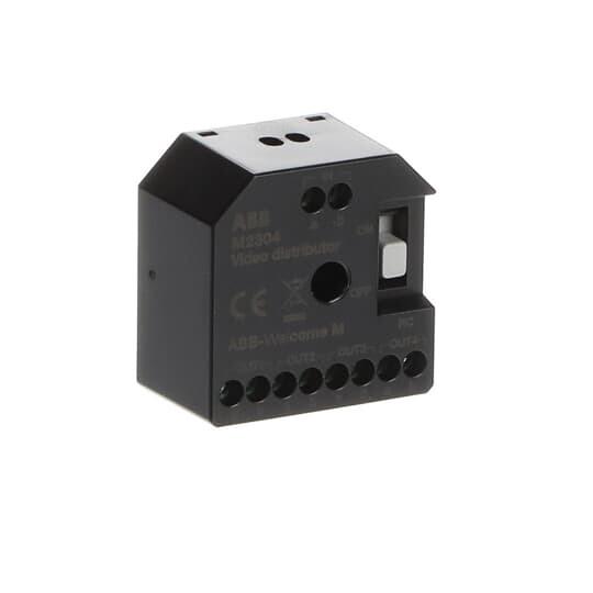 ABB videodelingsmodule voor DIN-rail montage Zwarte ABB videodelingsmodule met meerdere aansluitpoorten en DIN-rail montageoptie.