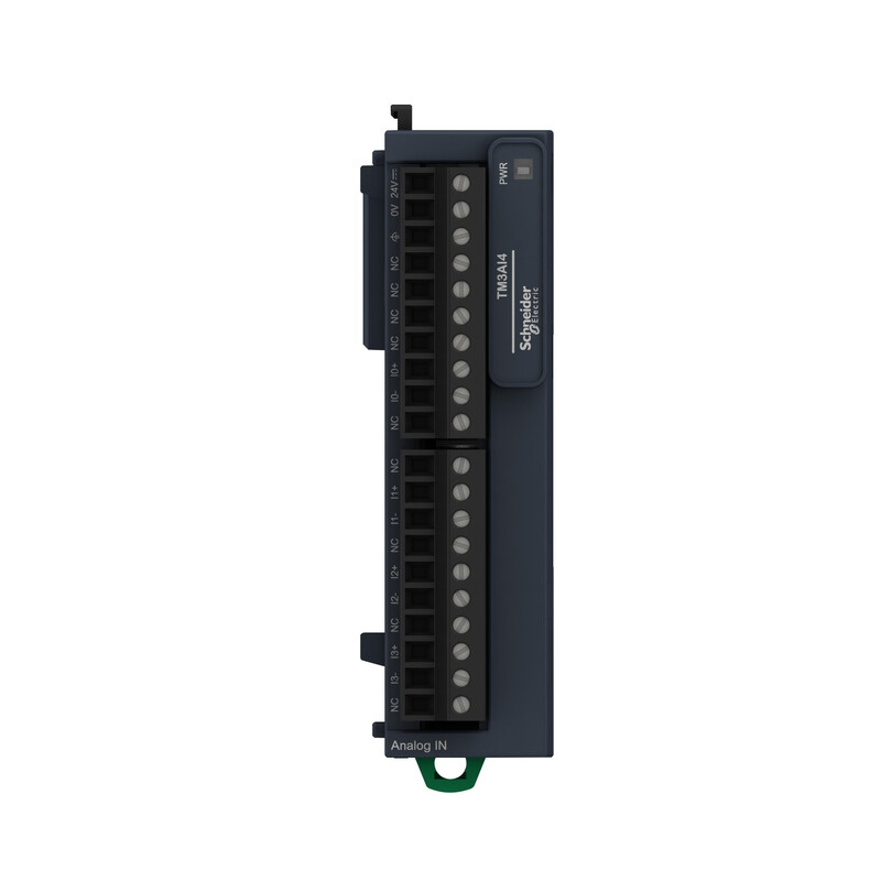 Schneider Electric Modicon TM3 AI4-analogemodule, vooraanzicht Schneider Electric Modicon TM3 AI4-module, zwarte rechthoekige eenheid met aansluitpoort en markeringen, gefotografeerd vanaf de voorkant.