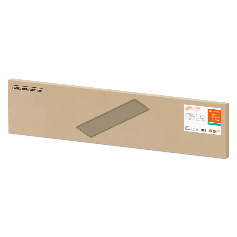 LEDVANCE PANEL COMPACT 1200 LED-paneel, energie-efficiënte oplossing Langwerpige bruine verpakking met Ledvance-merklabel en productinformatie.