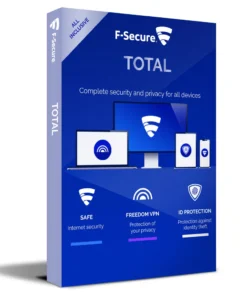 De blauwe verkoopverpakking van de F-Secure TOTAL-softwarebundel, waarop drie apparaten en de productkenmerken te zien zijn.