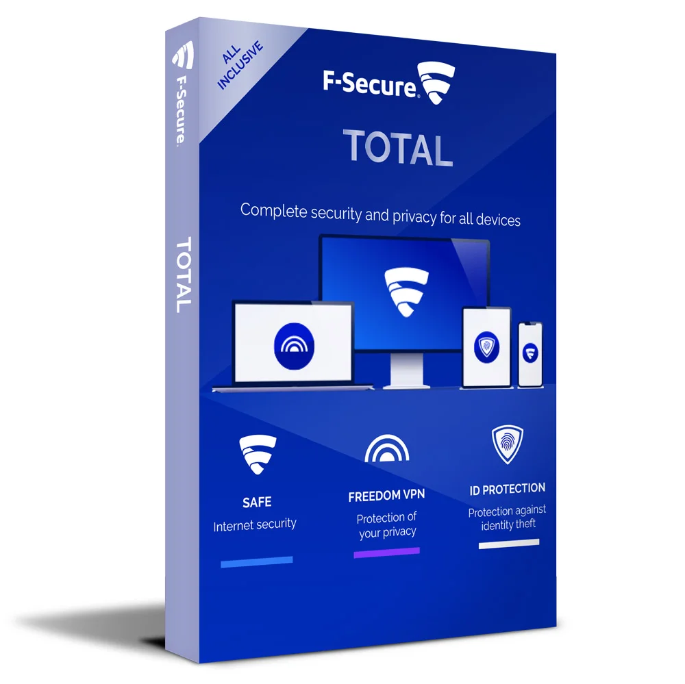 F-Secure TOTAL-softwarebundel, 2 jaar, 3 apparaten De blauwe verkoopverpakking van de F-Secure TOTAL-softwarebundel, waarop drie apparaten en de productkenmerken te zien zijn.