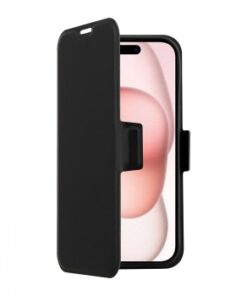 Zwarte iPhone 17 MagSafe-hoes, voorkant vouwt zijwaarts, wit en roze achtergrond zichtbaar op het scherm.