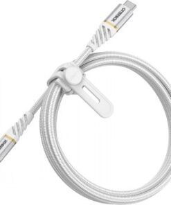 Otterbox 2m USB-C-naar-Lightning-kabel, gevlochten en duurzaam design. Witte 2 meter USB-C-naar-Lightning-kabel, gevlochten snoer en Otterbox-logo op de connectoren.
