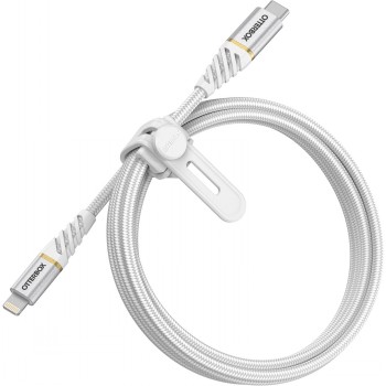 Otterbox 2m USB-C-naar-Lightning-kabel, gevlochten en duurzaam design. Witte 2 meter USB-C-naar-Lightning-kabel, gevlochten snoer en Otterbox-logo op de connectoren.