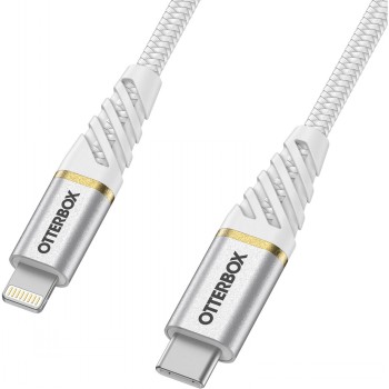 Otterbox Premium Kabel USB-C-Lightning 2M, stijlvol en duurzaam. Witte, duurzame USB-C- en Lightning-kabeluiteinden met metalen details.